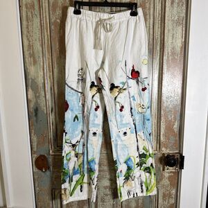 Anthropologie Voutsa Winter Wonderland Pants XS Artwear Nature Birds Loungewear